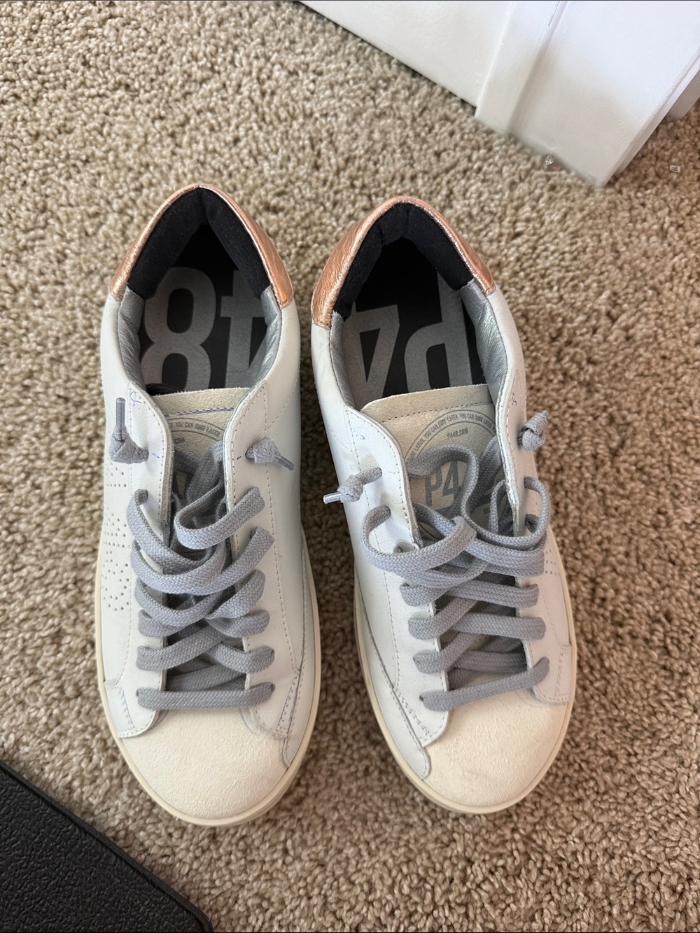 P448 Women's White Leather Sneakers with Rose Gold Accent